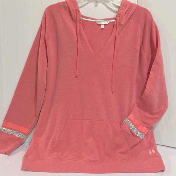Victoria Secret’s V-Neck Pink Hoodie Sweatshirt Sequin Trim Women’s Size L NWOT - Picture 4 of 15